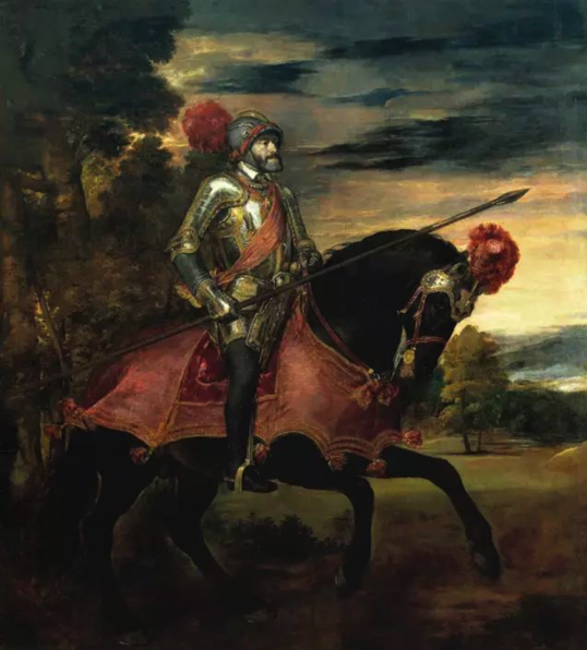 Titian, Emperor Charles V on Horseback,Oil on canvas, 1548,   335 cm × 283 cm,   Madrid, Location Museo del Prado.
